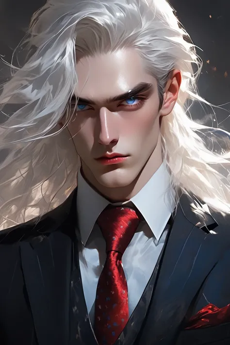 (Masterpiece, best quality, amazing quality, very aesthetic, manly, NSFW, illustration). (Perfect eyes details, aesthetic lighting, natural and dynamic pose), high-angle shot. 1 man. Long straight white hair. Androgynous face. Pale skin. Blue eyes. Slender...