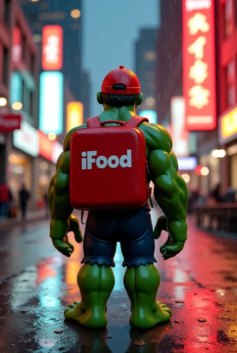 A miniature Hulk, about the size of a small , standing on a wet city sidewalk at night, seen from behind. He wears a red iFood delivery uniform, including a snug cap and an oversized insulated delivery backpack with the white iFood logo prominently display...