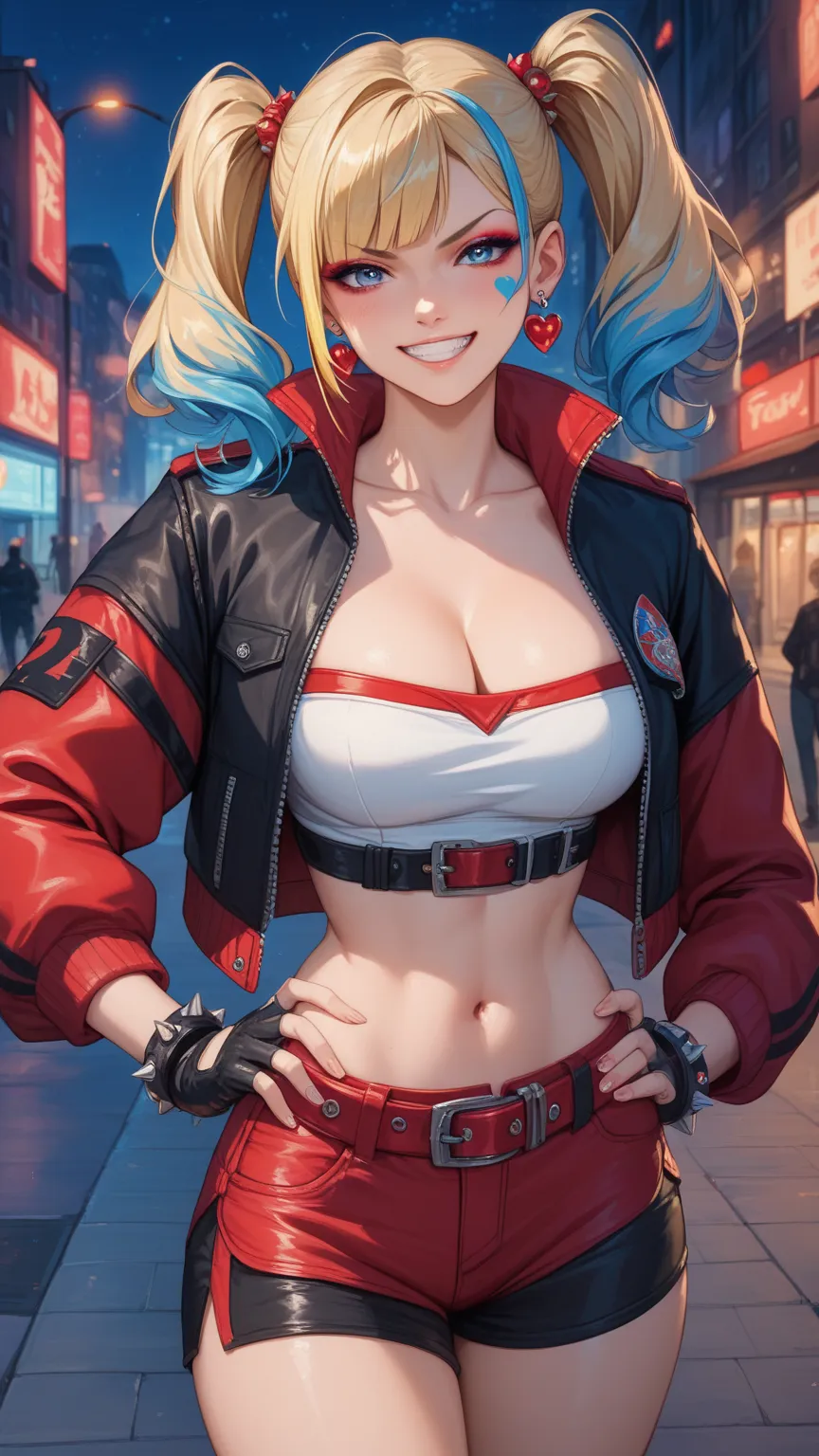 masterpiece, best quality, solo, 1girl, isekaiquinn, makeup, heart facial mark, grin, looking at viewer, hand on own hip, streaked hair, blonde hair, blue hair, twintails, blue eyes, v-shaped eyebrows, multicolored clothes, multicolored jacket, black jacke...