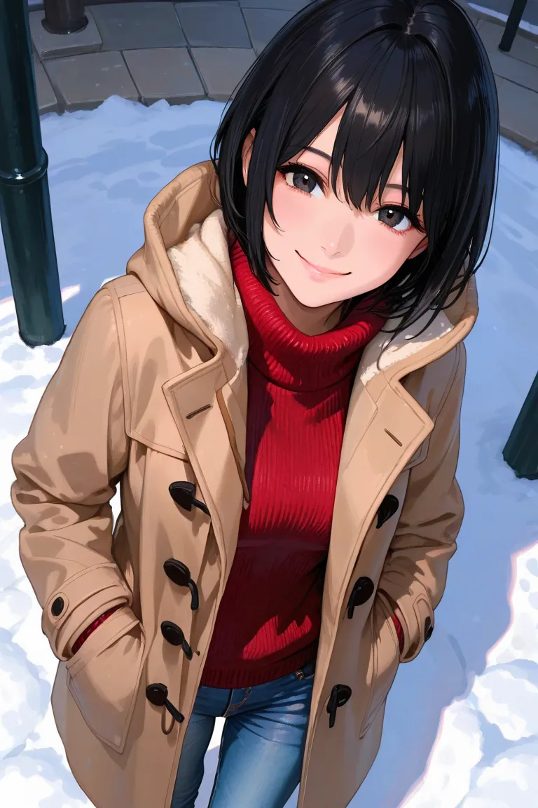 woman,black hair,short hair,smile,duffle coat,sweater,jeans,from front,from above,