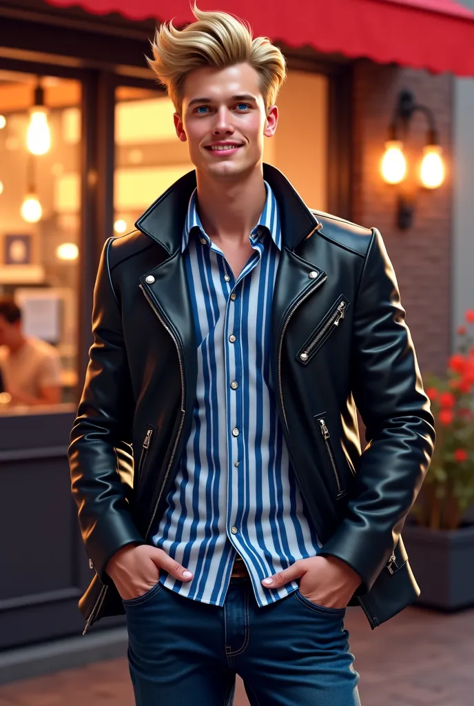 blond man with short hair, blue eyes, cheeky smile, athletic, wearing a black leather jacket, vertical blue and white striped polo blouse, dark blue jeans, in front of a restaurant 