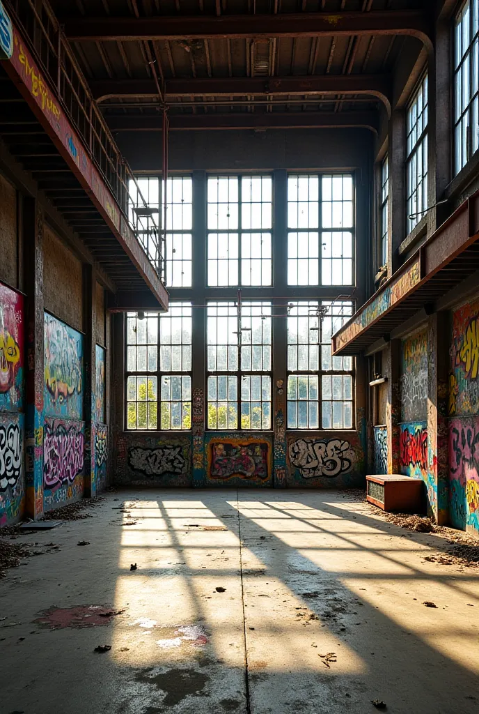 "An abandoned factory with large tall windows and rusty metal structures, covered in colorful graffiti and urban designs. The environment has a decadent industrial air, with natural light streaming through broken glass, creating dramatic shadows on the con...