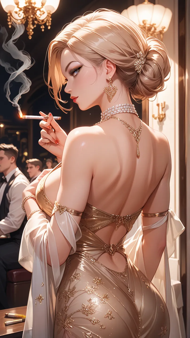 Back view of woman in elegant clothes, smoking cigarettes