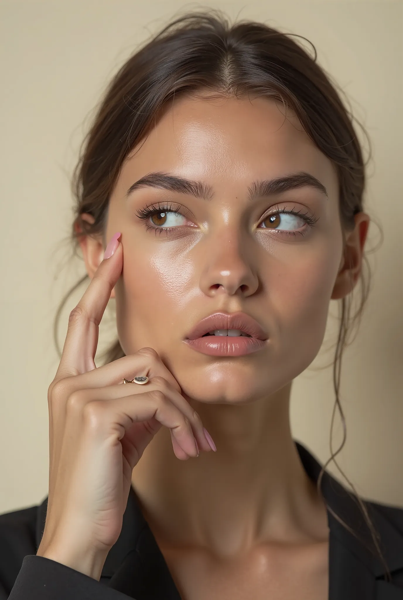 Express studio photoshoot of an ultramodern model with piercing brown eyes holding her hand near her face and looking thoughtfully to the side. Light cream background