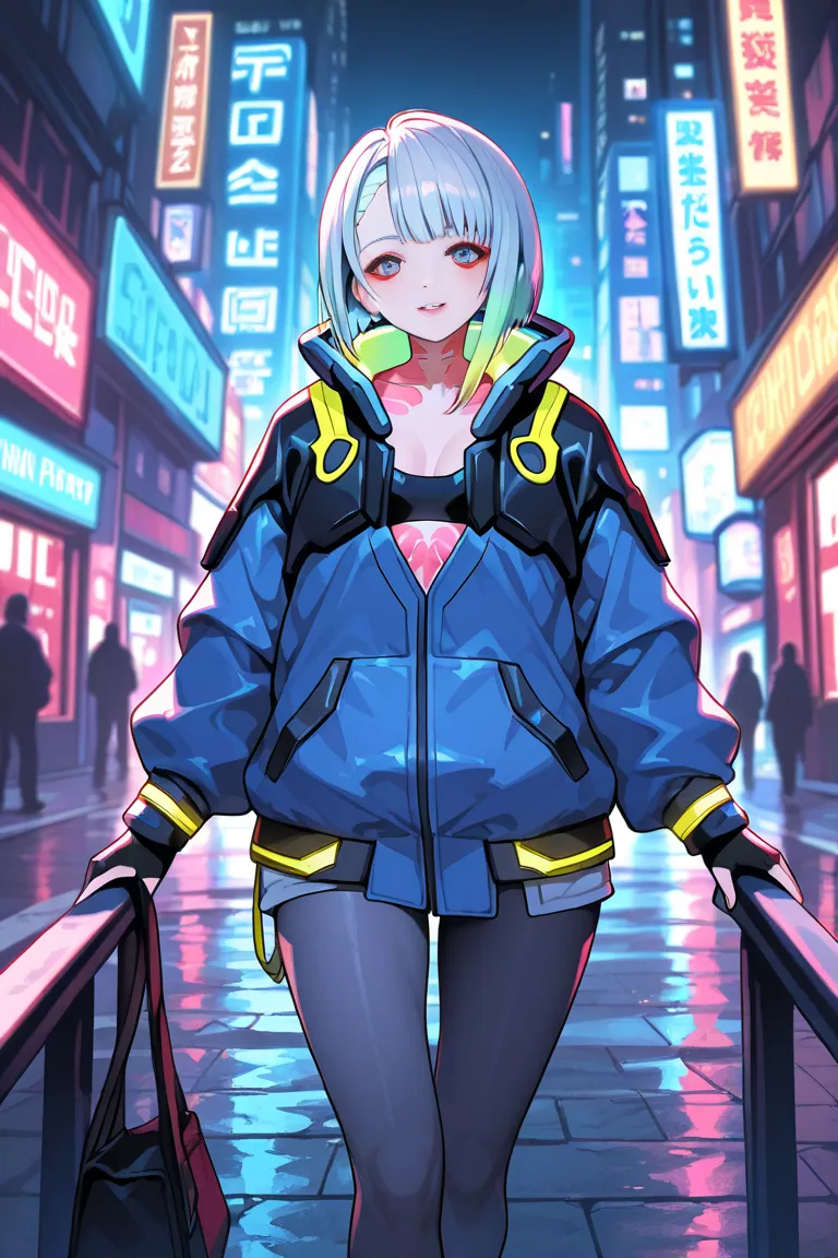 girl is walking her way through the streets of cyberpunk city, with cool clothes and pictures taken from the most appropriate point of view