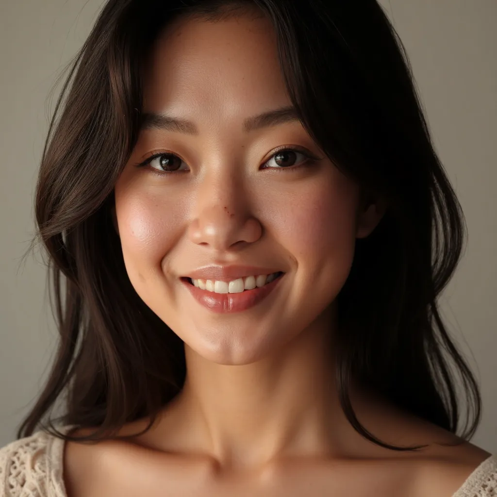 (masterpiece, best quality), ultra realistic portrait, close-up headshot of Kira, 22-year-old Asian girl, natural athletic figure, delicate smile, expressive dark-brown eyes, long flowing wavy black hair, subtle freckles, natural minimalistic makeup, dress...