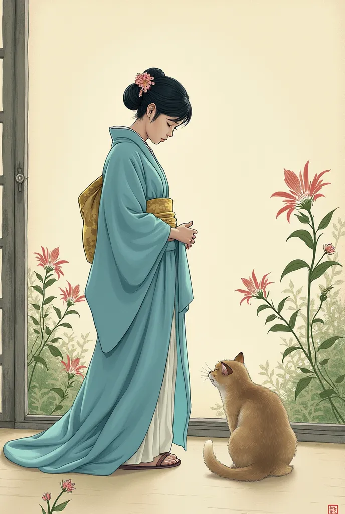 A painting made in traditional Japanese art style. A woman dressed in a blue kimono, looking thoughtfully into the distance. In the background is a simple Japanese room and plant patterns. Soft colors and elegant lines of the painting, gives a peaceful and...