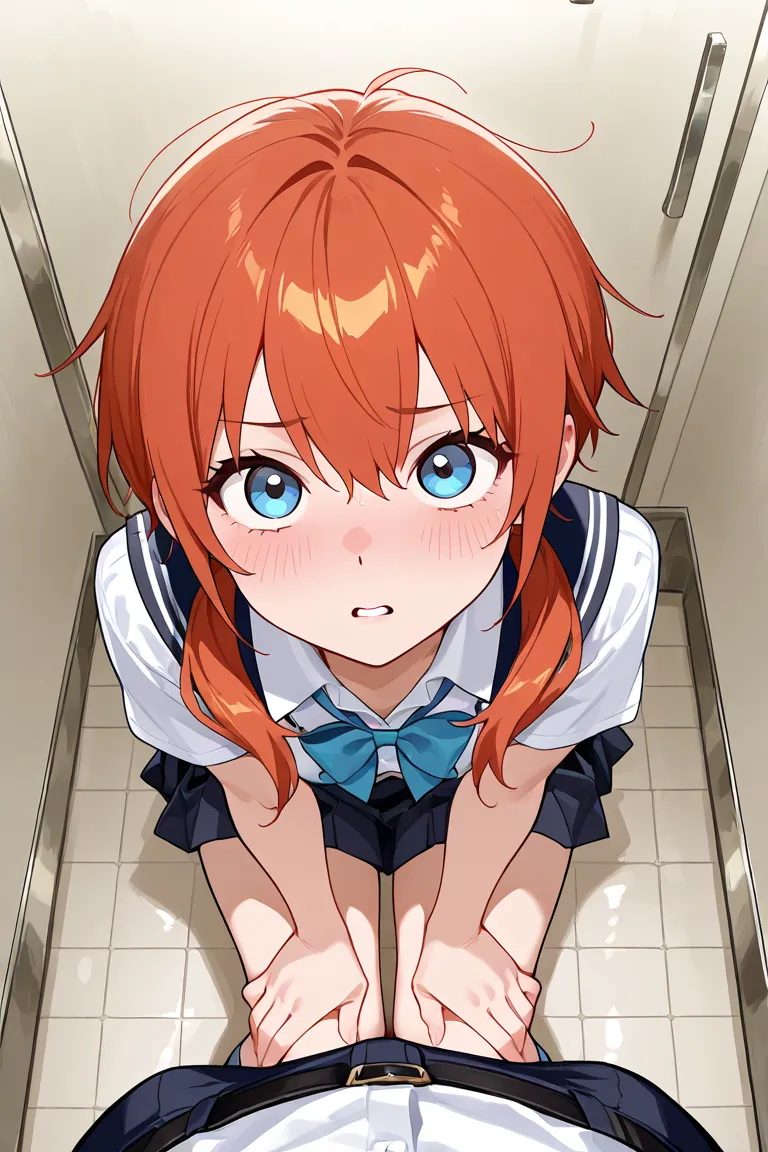 school girl uniform, redhead, orange hair, low twin tails, blue eyes, tomboy, nervous, excited, blushing, parted lips, close up, bathroom stall, on knees, looking up, looking at viewer, her hands on another's thighs, 1boy pov