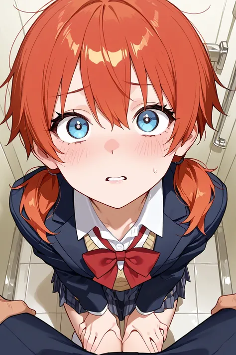 school girl uniform, redhead, orange hair, low twin tails, blue eyes, tomboy, nervous, excited, blushing, parted lips, close up, bathroom stall, on knees, looking up, looking at viewer, her hands on another's thighs, 1boy pov