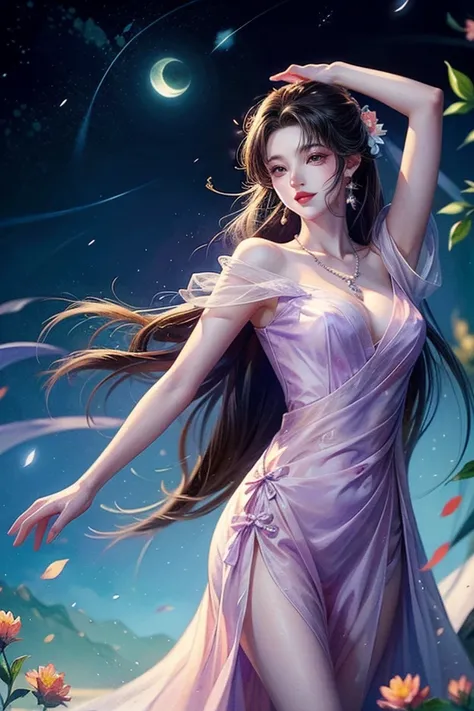 Rich ink painting 、 top quality、 masterpiece、 high image quality、 Official Art、  young,  graceful and beautiful woman 、perfect face 、 long brownish black hair  、 perfect style、 wearing a light purple transparent dress 、 earrings、 necklaces、  full of peace ...