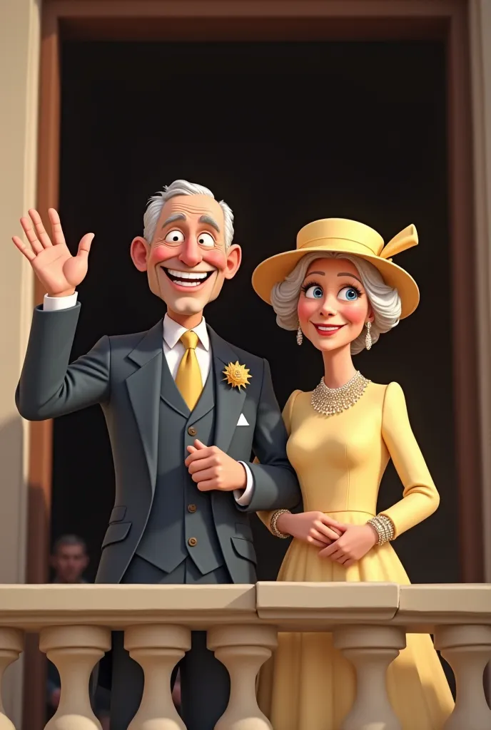 Create a realistic image of a king and queen in their 100s, He wears a suit with a tie and she wears a light yellow dress with a matching hat. They're standing on the balcony of a palace like Buckingham's, waving. Both are tall and thin, They are happy 