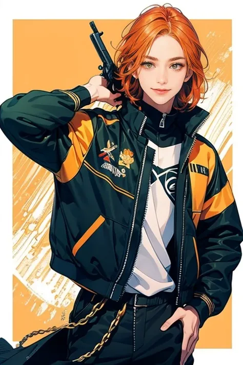  Beautiful Boy, 18 years old, orange hair,  shoulder-length hair , green eye, gun,Aim,looks at one woman, solo, High Resolution, smiles, Top Quality, jacket