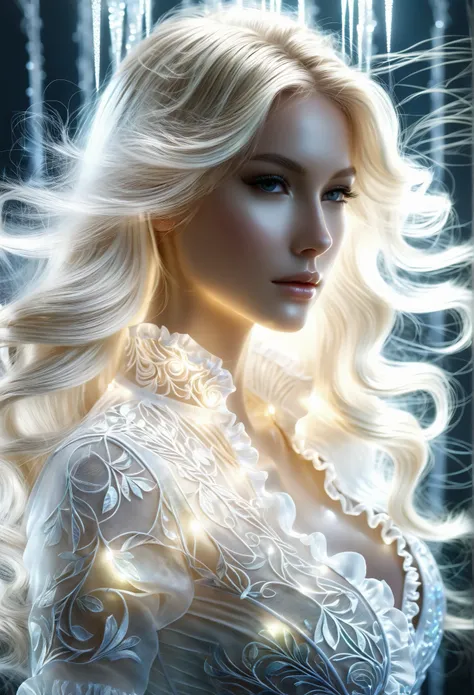((jewel_light element)), (Translucent luminous body_wearing a white frilly blouse), (girl made of light: 1.2, Long wavy, calm blonde hairstyle with delicate features and shine), (minimalism: 0.5), (Front close-up angle above the waist: 1.3), 4K, HDR, acid ...