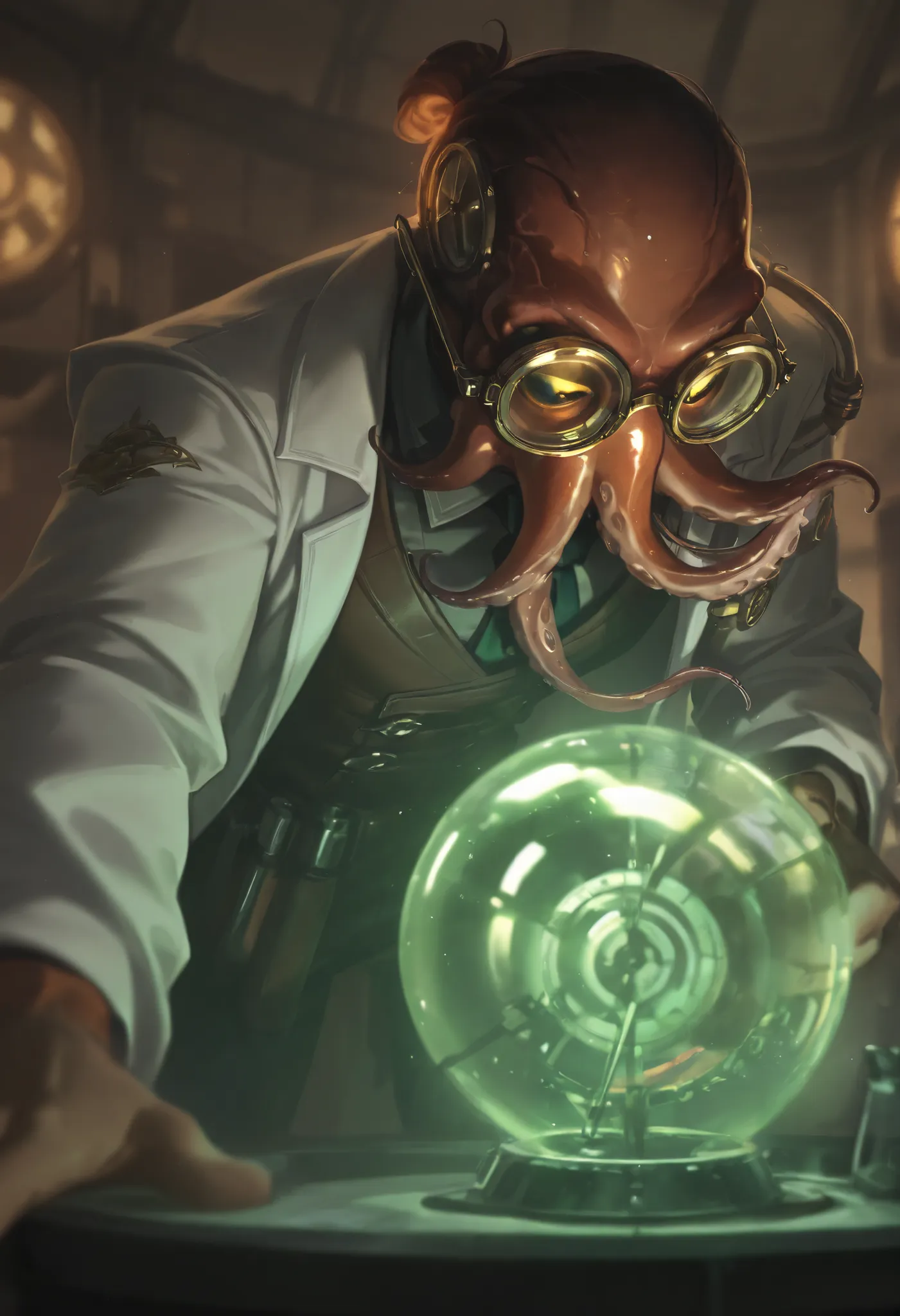 Score_9, Score_8_up, Score_7_up, Score_6_up, anthro,\(quality\), L0LSPL4SH, year2024, year2023, 1male, shapeshifter, solo, octopus,  taller frame, scientist, wearing a steampunk lab coat, steampunk glasses, L0LSPL4SH, 