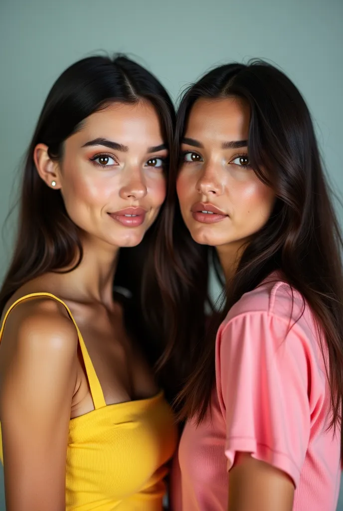 there are two girls that are posing for a picture together, a picture by reyna rochin, instagram, tachisme, alanis guillen, modeling for dulce and gabanna, pilar, sisters, , foto realista, very very low quality picture, two girls, lorena avarez, foto, prof...