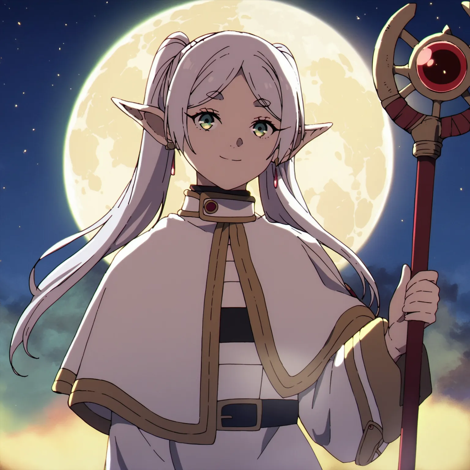 1girl, sfrieren, elf, pointy ears, silver hair, white hair, green hair, BREAK cloak, earrings, BREAK standing, , sideways, legs, looking at viewer, holding her staff, smiling, mouth closed, BREAK night, dark, full moon, starry sky, BREAK score_9, score_8_u...