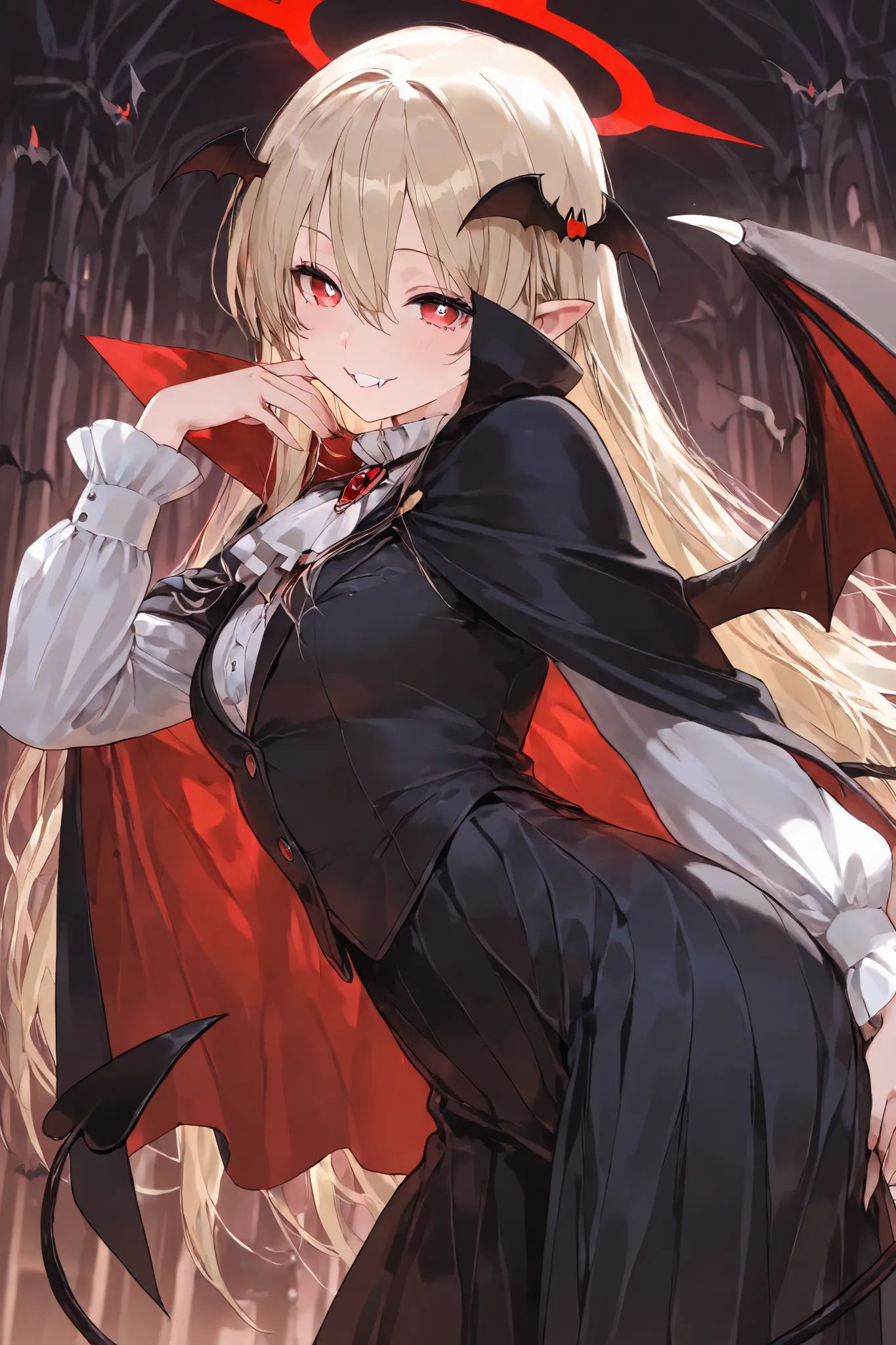 masterpiece, best quality, very aesthetic, absurdres, safe, vampire, wings, tail, beautiful face, medium chest, detailed eyes, vertical pupils, layered clothes, dynamic pose