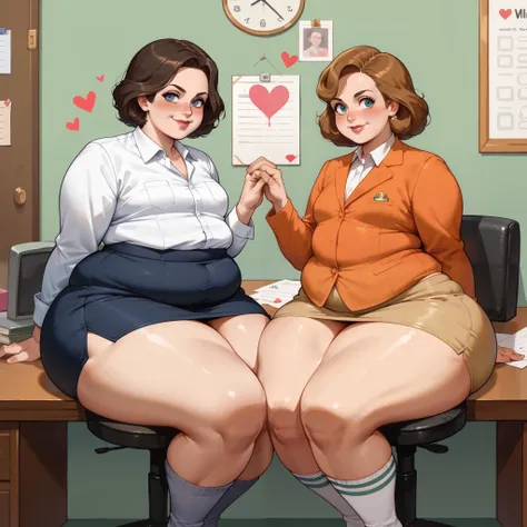,source_western, wide hips, plump, Sitting at a desk in a chair,(dark hair) (Long socks), (asymmetrical bangs) business suit, tight slacks, office background, (finger touching her lips), (weight conscious:1.2), Skirt, Random hair color, , looking at view...