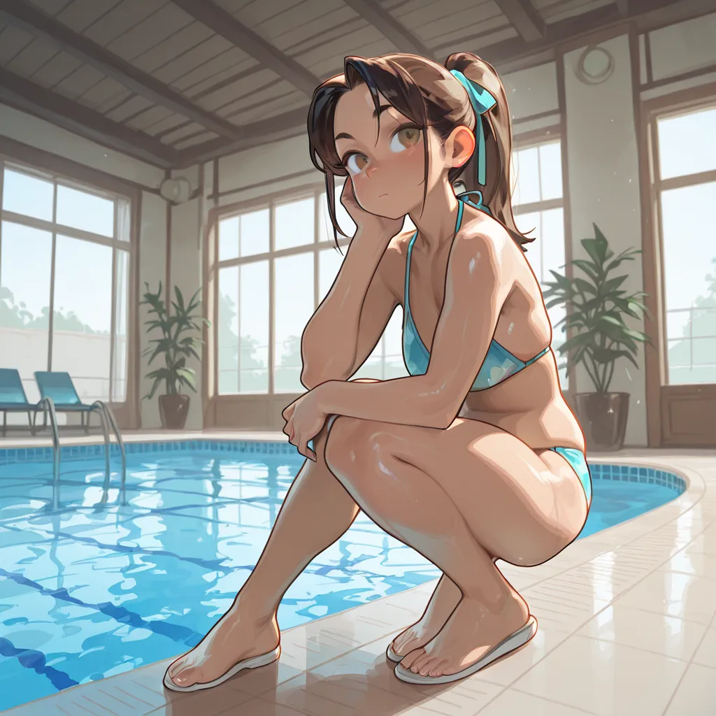 One girl, ponytail,bikini,indoors, pool,anatomically correct, Japanese anime,full body,Age 15,Gloss,