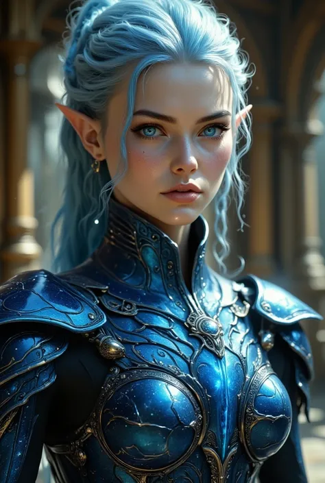 30-year-old man with pale skin, elf's ear , neat pale blue hair with two braids on each side and ponytail at the back, blue eyes, sourcil épais noirs, blue elven guard armor