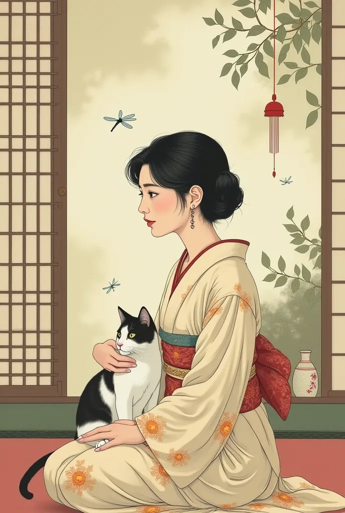 A painting made in traditional Japanese art style. A woman dressed in a Japanese kimono, looking thoughtfully into the distance. In the background is a simple Japanese room and plant patterns. Soft colors and elegant lines of the painting, gives a peaceful...