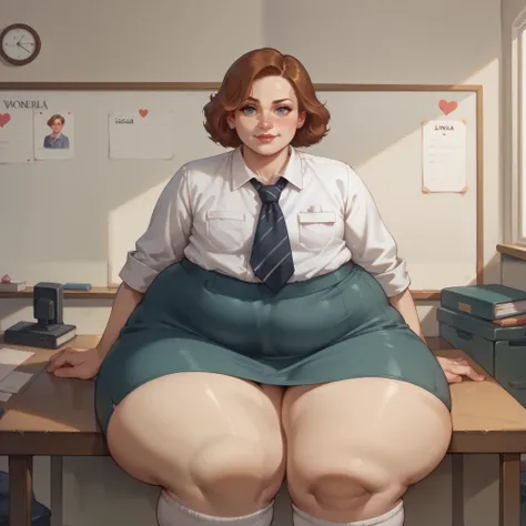 ,(1 girl, solo) (bottom heavy:1.2) source_western, wide hips, plump, Sitting at a desk in a chair,(dark hair) (Long socks), (asymmetrical bangs) business suit, tight slacks, office background, (finger touching her lips), (weight conscious:1.2), Skirt, Ra...