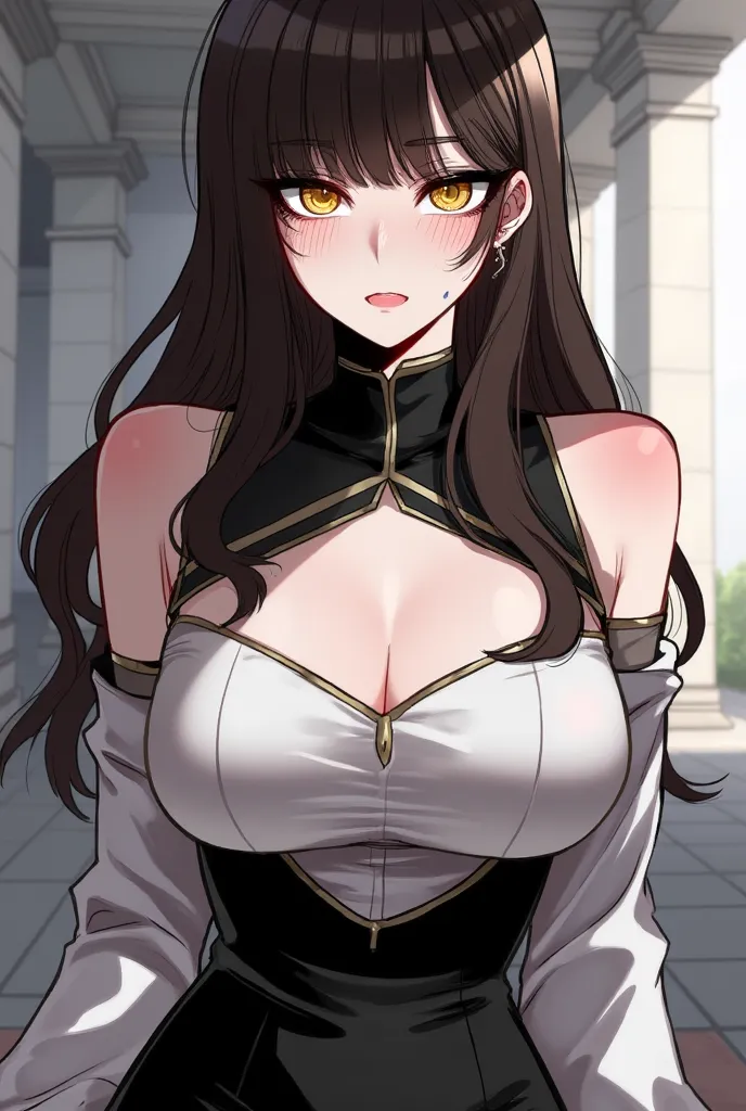 Create me an image in the Korean manwha fanart anime style with a 20-year-old woman with dark brown eyes and a lot of rebellious long brown hair with bangs with a serious expression with a very voluptuous body with very large breasts,  with an elegant fitt...