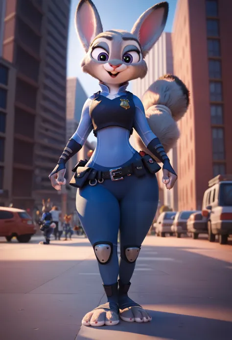 masterpiece, judy hopps, blue fur, Wide hips, on a city, police uniform, long and fluffy krystal the fox tail, full body, crossing legs, pov from bellow