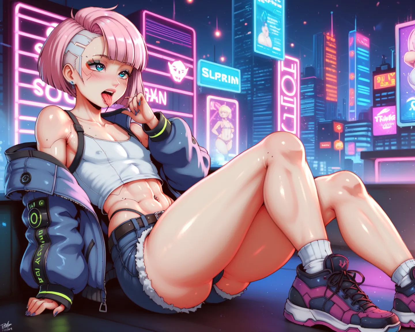 femboy sitting in short shorts and big butt, short hair, Blush, Open mouth, tongue out, 8k, hdr, hyper detailed, extremely realistic, studio lighting, physics-based rendering, vivid colors, bokeh, futuristic cityscape,  neon background,  neon lights, Cyber...