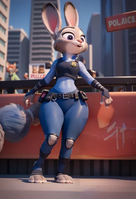 masterpiece, judy hopps, blue fur, Wide hips, on a city, police uniform, long and fluffy krystal the fox tail, full body, crossing legs, pov from bellow