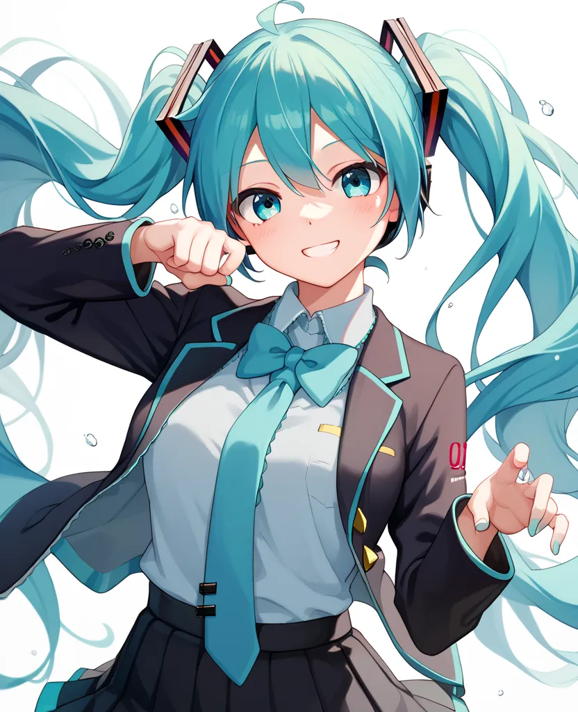 Top Quality,cute,anime style,Hatsune Miku,cool pose,smile, stares,beautiful eyes, blazer uniform,high school girl,