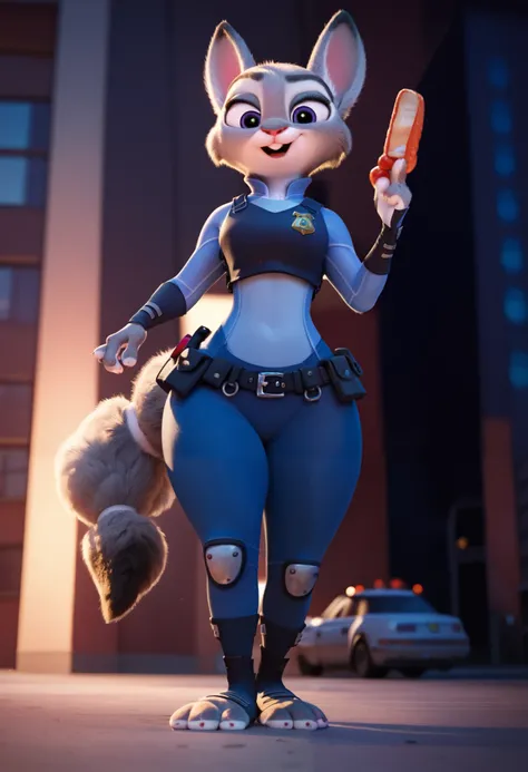masterpiece, judy hopps, blue fur, Wide hips, on a city, police uniform, long and fluffy krystal the fox tail, full body, crossing legs, pov from bellow