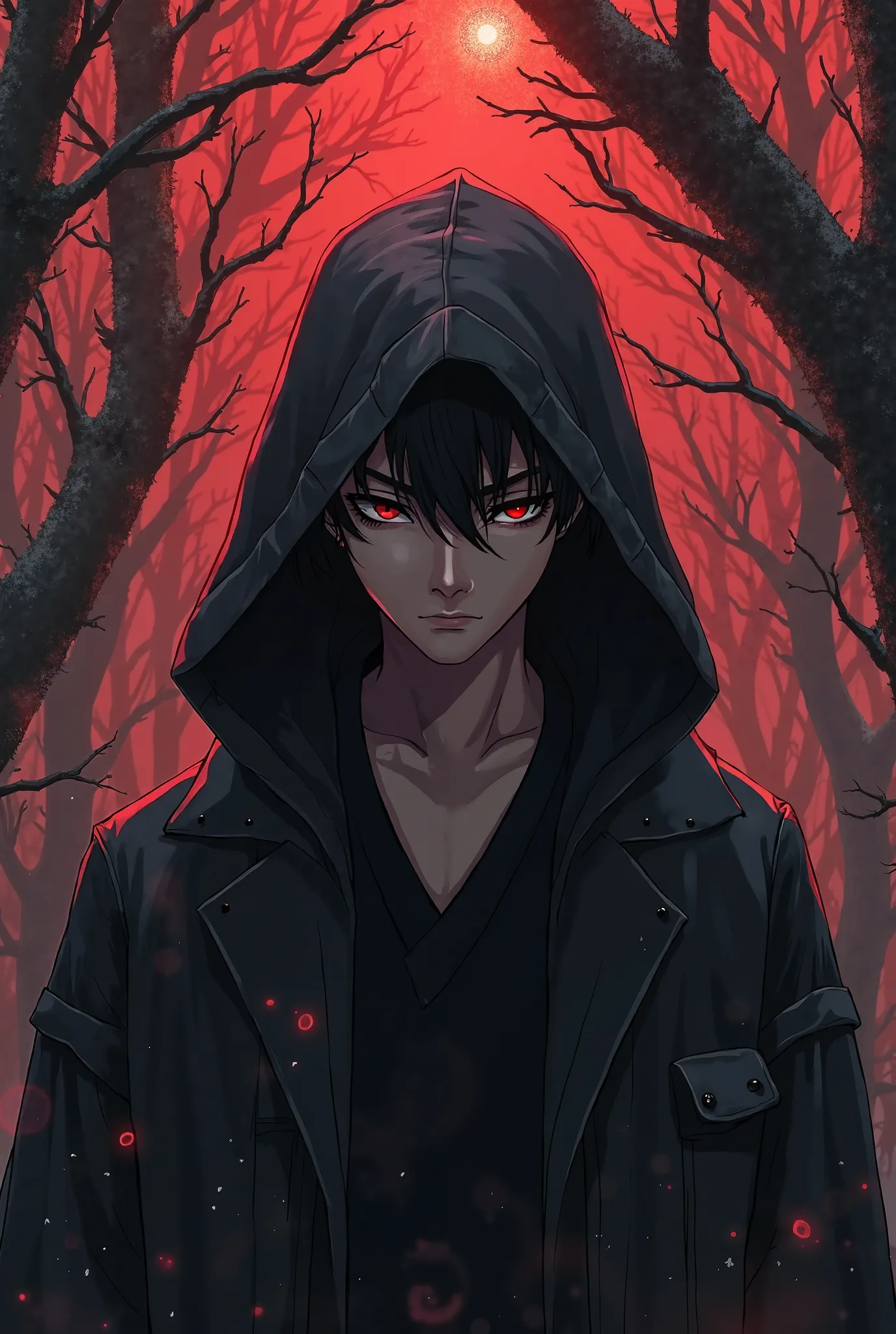 Anime guy in a realistic drawing in a hood against a dark forest background, dark red colors, but dark color prevails, the character should look straight