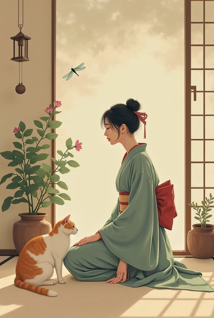 A painting made in traditional Japanese art style. A woman dressed in a Japanese kimono, looking thoughtfully into the distance. In the background is a simple Japanese room and plant patterns. Soft colors and elegant lines of the painting, gives a peaceful...