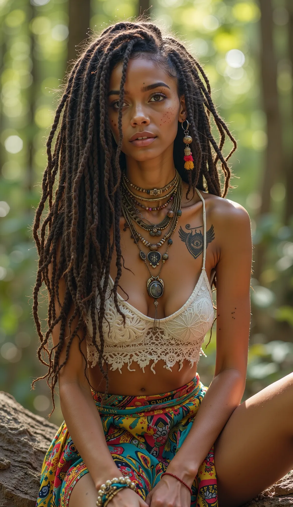 " An image hyperrealistic of a young woman with all her hair made up of long dreadlocks , vibrant and full of life ,  decorated with small wooden beads ,  colored threads and earth-tone feathers .  Her skin has a tone warm with delicate freckles that stand...