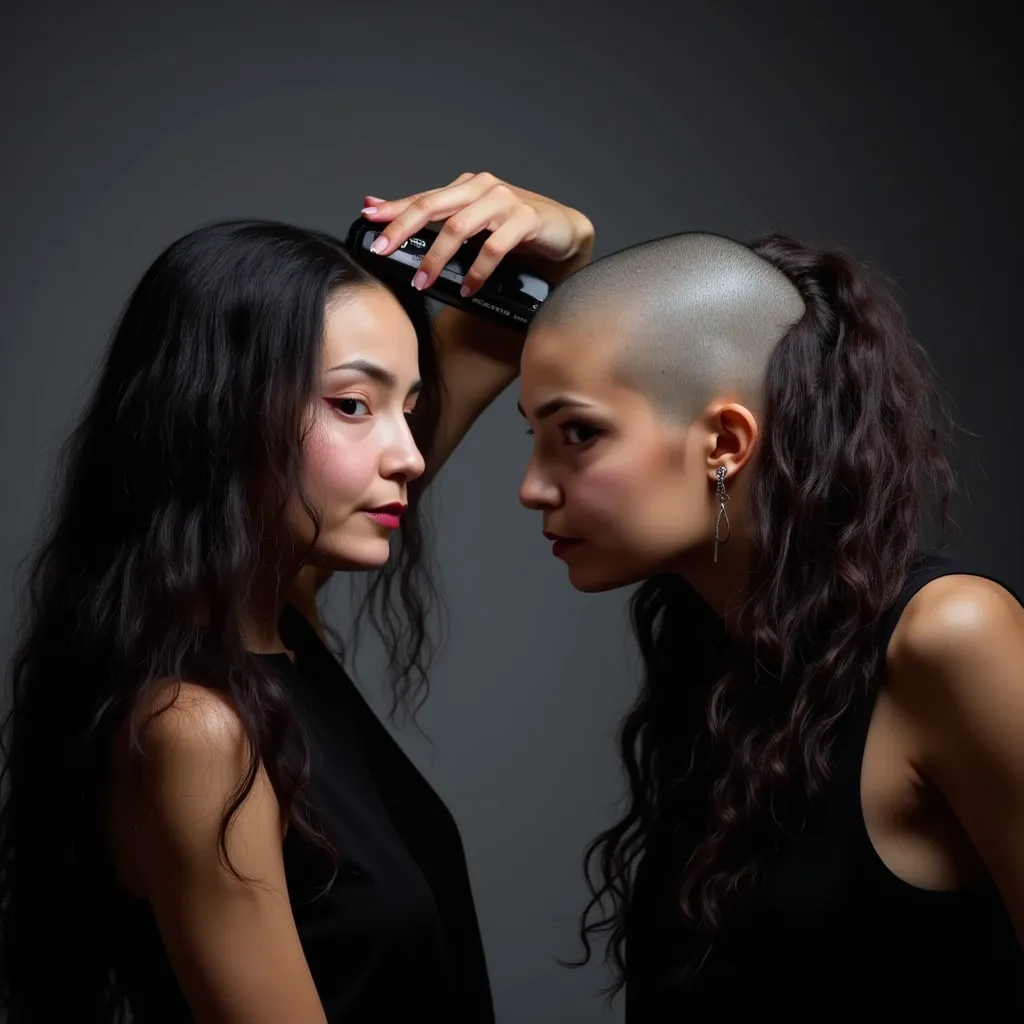 (((Dark hair))), twin women, (shaving the other woman's head), both women are having their hair cut, facing each other, looking at viewer, long dark hair, half bald heads, ((in their hands they are holding hair clippers to the other woman's head)), (((shav...