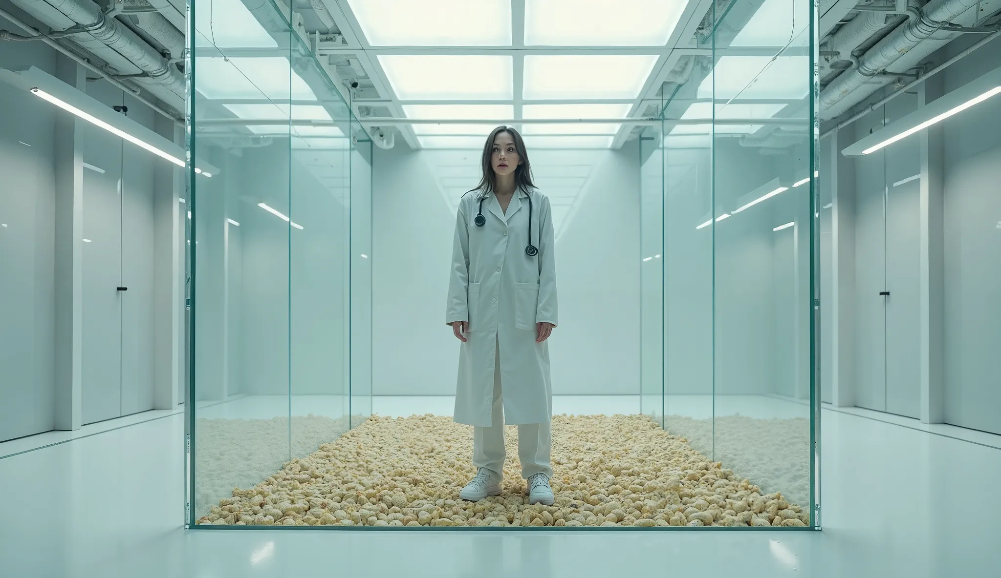 A futuristic laboratory with sterile white floors, illuminated by cold, fluorescent lights. In the center, a massive transparent glass cube, its surface gleaming with reflections. Inside, countless pale beige insect larvae writhe and squirm. A young woman,...