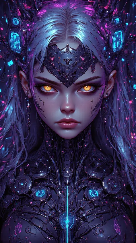 Half Robot Girl Full Body Purple White Gradient Hair Color，Super Fine Face Texture，big eyes，Flowing Long Hair， dynamic pose ，Cyberpunk City，細緻glow耳機， Tech Earrings ，glow髮飾，Long Hair Dye，glow耳環、Luminous Necklace、Mechanical lines、The Most Beautiful Woman of ...