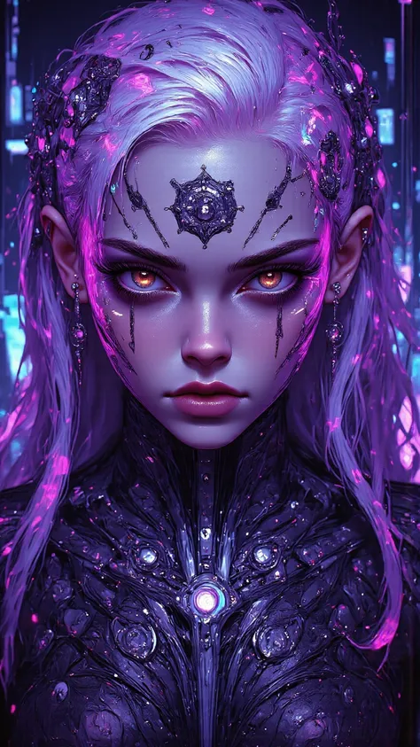 Half Robot Girl Full Body Purple White Gradient Hair Color，Super Fine Face Texture，big eyes，Flowing Long Hair， dynamic pose ，Cyberpunk City，細緻glow耳機， Tech Earrings ，glow髮飾，Long Hair Dye，glow耳環、Luminous Necklace、Mechanical lines、The Most Beautiful Woman of ...