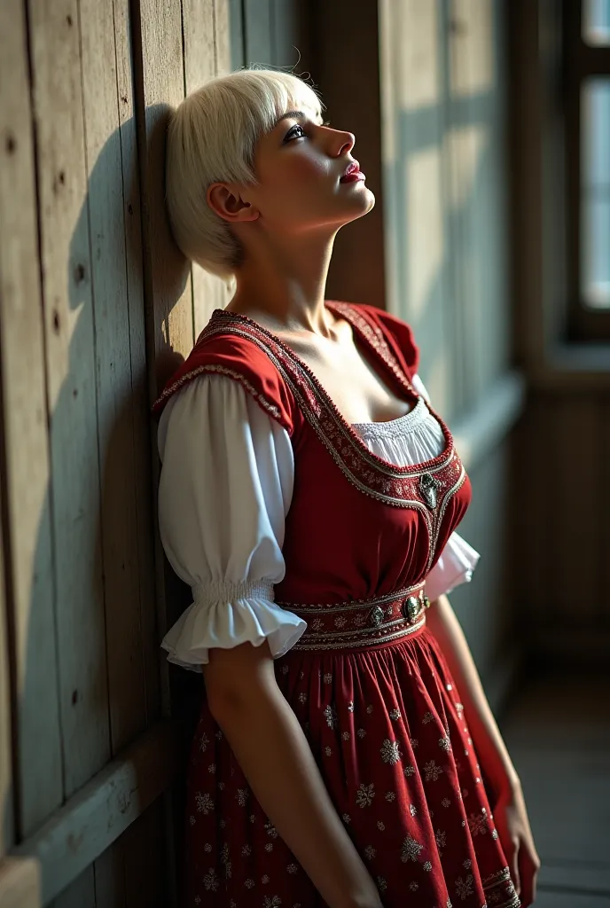 head thrown back, leaning against the wall, legs bent, cute, round face, short white hair, Ukrainian village atmosphere, 25 years old, Ukrainian, medium olive skin, stunning brown eyes, medium breasts, sexy Ukrainian national costume, mini skirt, dynamic a...