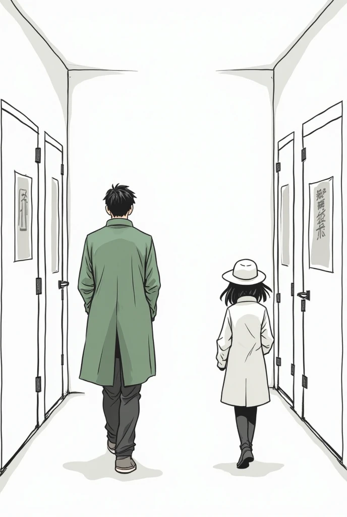 Draw a black and white manga where a guy and a girl first walked by down the hall at work where they make medicines. He is wearing a green coat with pants she is small in stature in a white coat with a hat