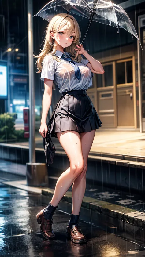 beautiful woman, blond hair,  gray eyes,  medium body, big boobs, (maximum resolution 8k), Sexy schoolgirl outfit, street, rain,  wet body, full body image 