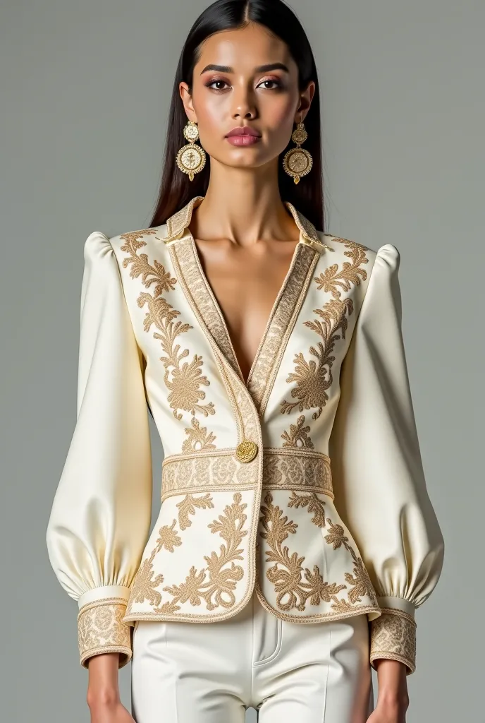 --

**"Design a collection of five women's jackets featuring delicate embroidery, luxurious beadwork, and unique sleeves. The jackets should have a structured, symmetrical, or asymmetrical design, fitted at the waist with prominent shoulders. Some models c...