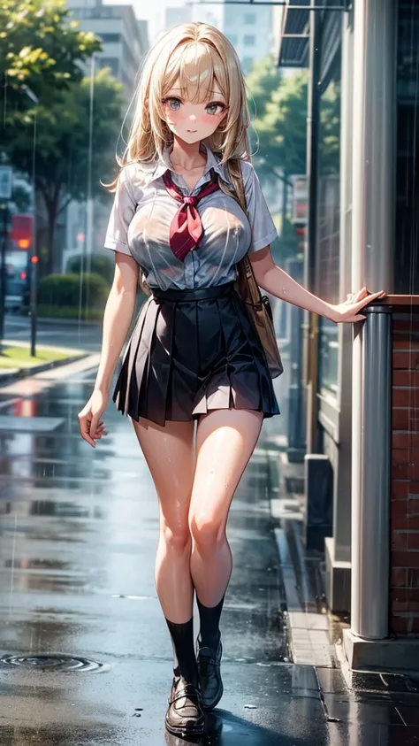 beautiful woman, blond hair,  gray eyes,  medium body, big boobs, (maximum resolution 8k), Sexy schoolgirl outfit, street, rain,  wet body, full body image, half naked