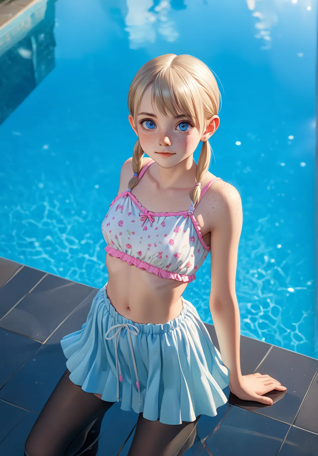 Full body, 8K, best quality, ((7yo girl)), cute, ((flat chest like a boy)), (ash Blonde hair worn in very short twintails), perfect hair, blue eyes, heavy freckles, (Petite body:1.2), Slender arms, small waist, slim legs, narrow hips, Heart shaped face, ro...