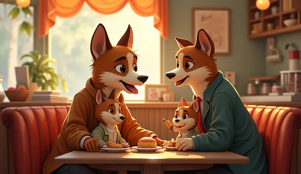 Snack from an anthropomorphic dog family, madre, father, boy and girl, eating a snack at a vintage restaurant