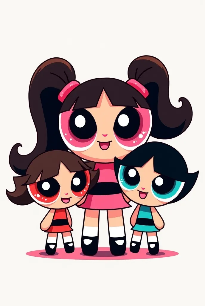 Create a drawing-style image of powerpuff girls where there are three girls,la de la izquierda tiene el cabello largo y muy rizado black color,very dark skin,the one in the middle has long straight hair,brown color, left side fringe ,and long eyelashes,whi...