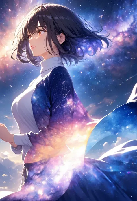 Black-haired beauty"Haruna"Prayer, white turtleneck with gray long skirt, Milky Way Galaxy((DOUBLE EXPOSURE:0.2))
