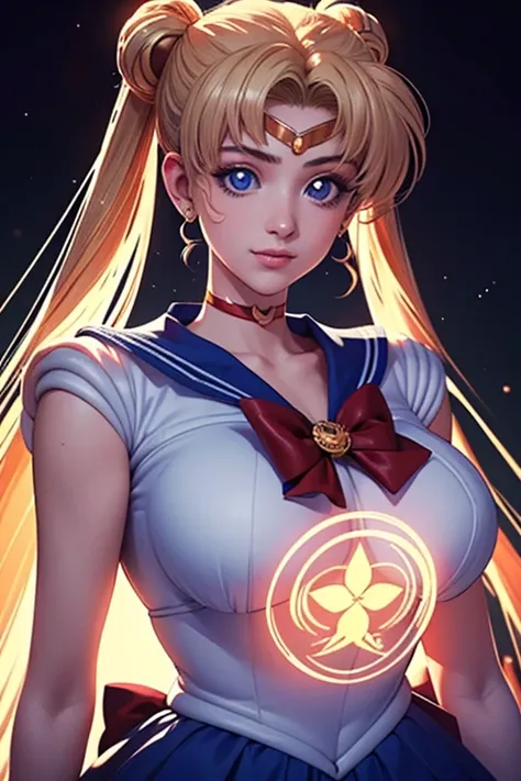 Sailor Moon,  1 girl, athletic body, big breasts, blue eyes,  Long Golden Hair,  sailor suit , Moon Headdress ,  Holding a Moon Stick ,Moon prism power、 The city and the full moon,  Confident Smile .They are spinning with open arms, perfectly highlight the...