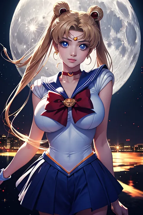 Sailor Moon,  1 girl, athletic body, big breasts, blue eyes,  Long Golden Hair,  sailor suit , Moon Headdress ,  Holding a Moon Stick ,Moon prism power、 The city and the full moon,  Confident Smile .They are spinning with open arms, perfectly highlight the...